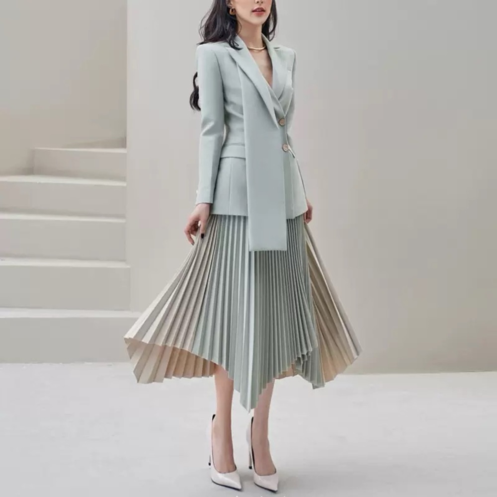 Elegant Mint Green Blazer and Pleated Skirt Set